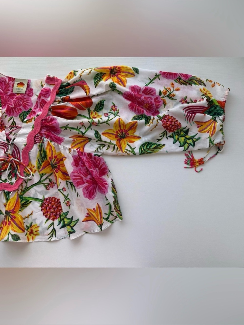 FARM Rio White Floral Boho Tie-Front Ruffle Blouse - Picture 7 of 12
